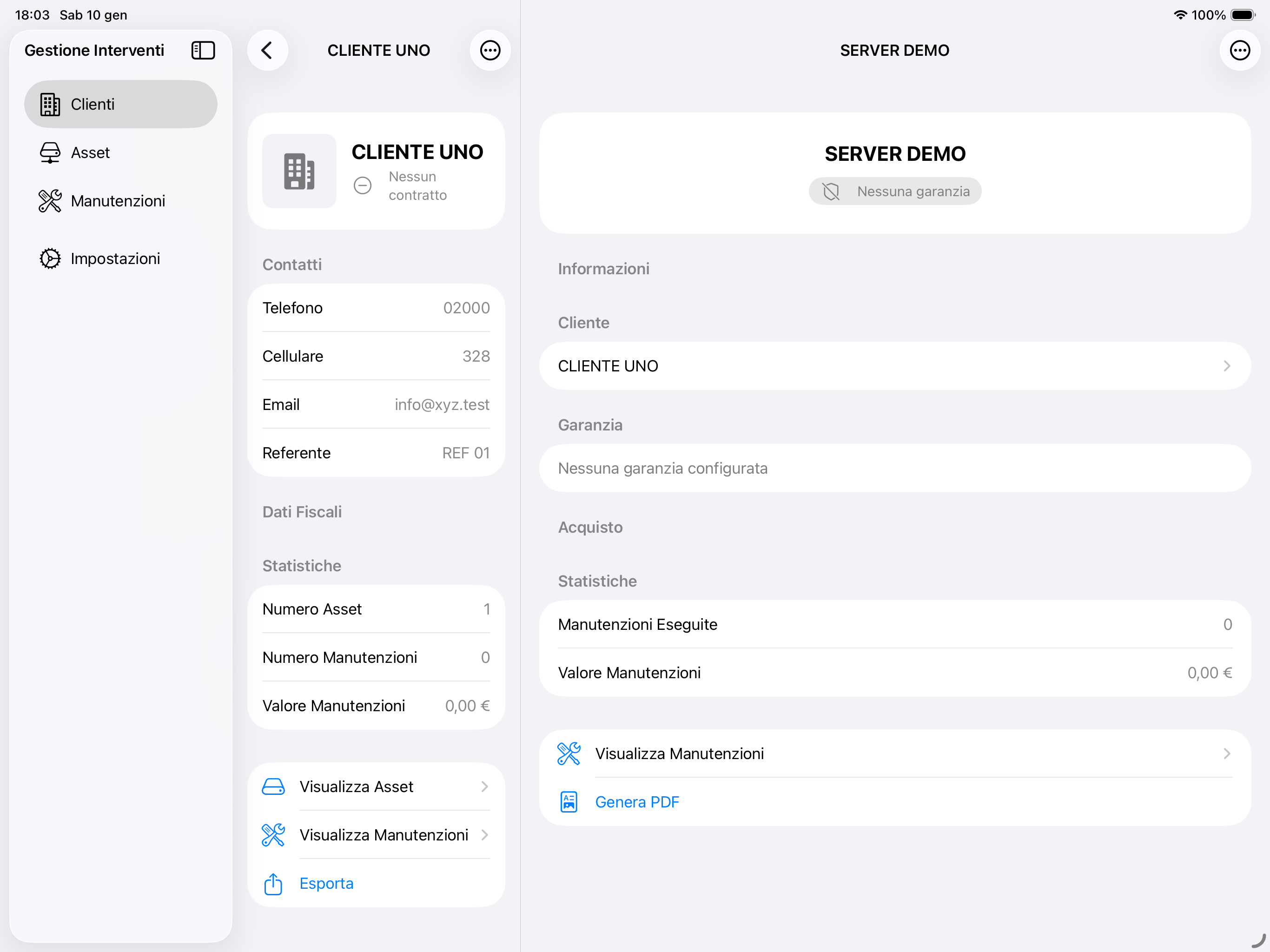 Dettaglio intervento su iPad con informazioni complete